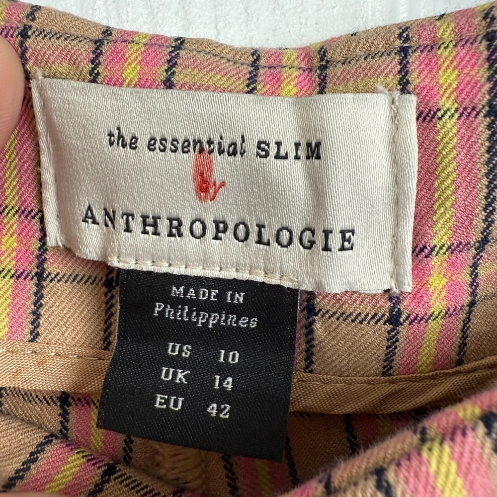 Anthropologie The Essential Slim‎ Plaid Cropped Pants Women's US 10 Pink Tan - Picture 8 of 13